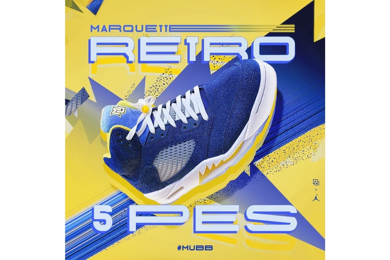 marquette university air michael jordan brand 5 pe player edition basketball blue yellow gold white official release date info photos price store list buying guide
