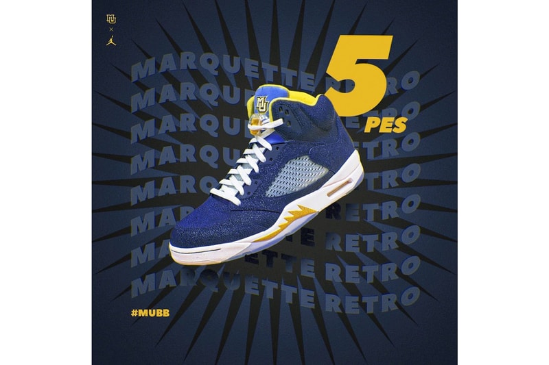 marquette university air michael jordan brand 5 pe player edition basketball blue yellow gold white official release date info photos price store list buying guide