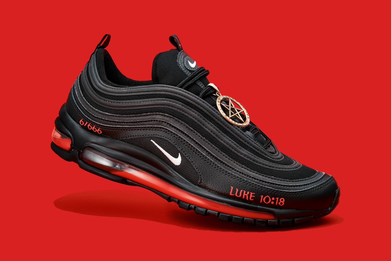 Lil Nas X x MSCHF Nike Air Max 97 "Satan Shoes" Real Human Blood 666 Drop Air Bag Unit Collaboration Unique Jesus Shoes AM97 Birkinstocks 60cc Ink Red Devil Release Information Price Expensive Designer Rare Cease and Diciest Canceled God Jesus Christian Sued Facebook Google Twitter YouTube