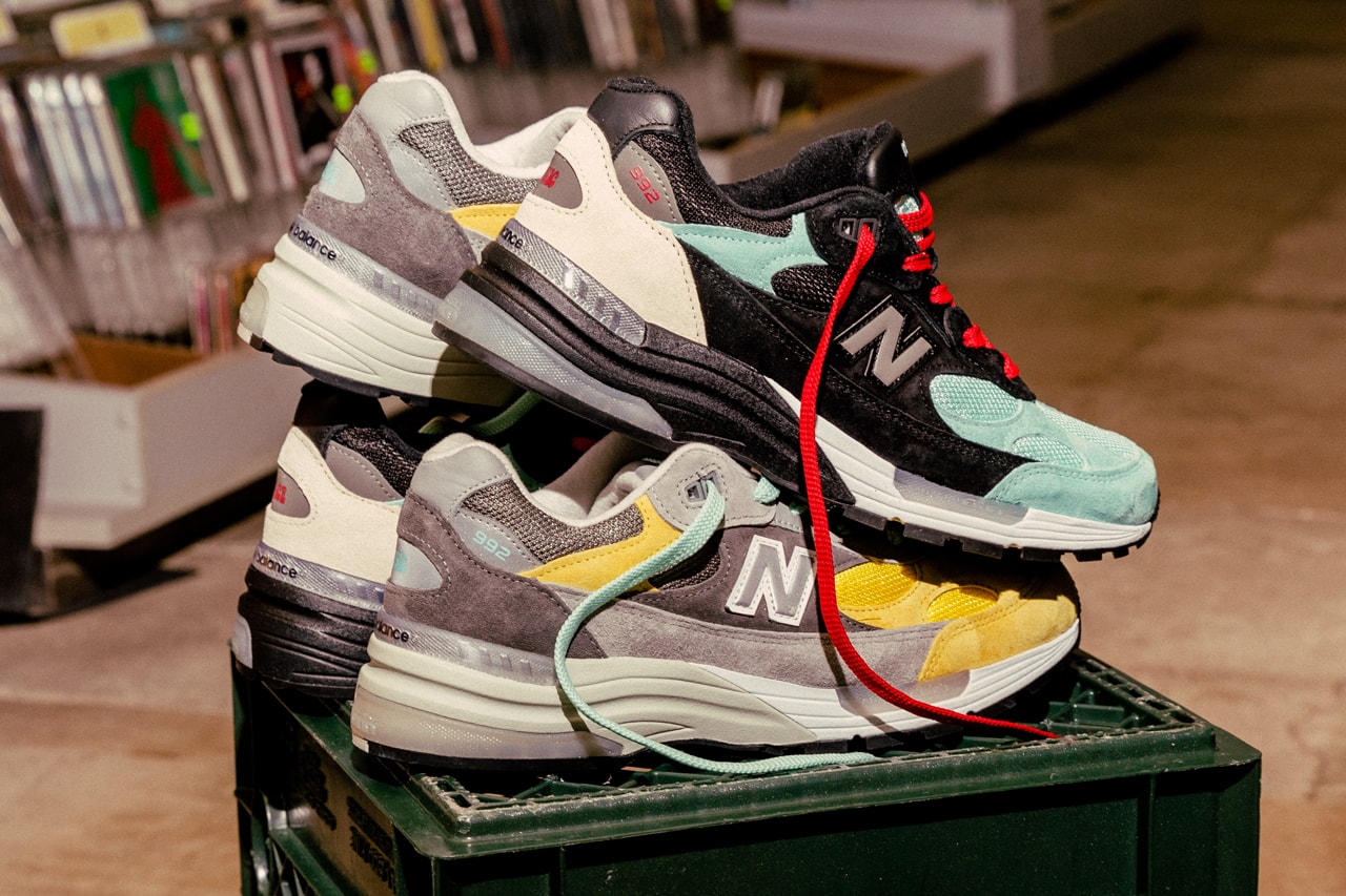 nice kicks amoeba music new balance 992 grey blue yellow black white red apparel t shirt hoodie shorts official release date info photos price store list buying guide
