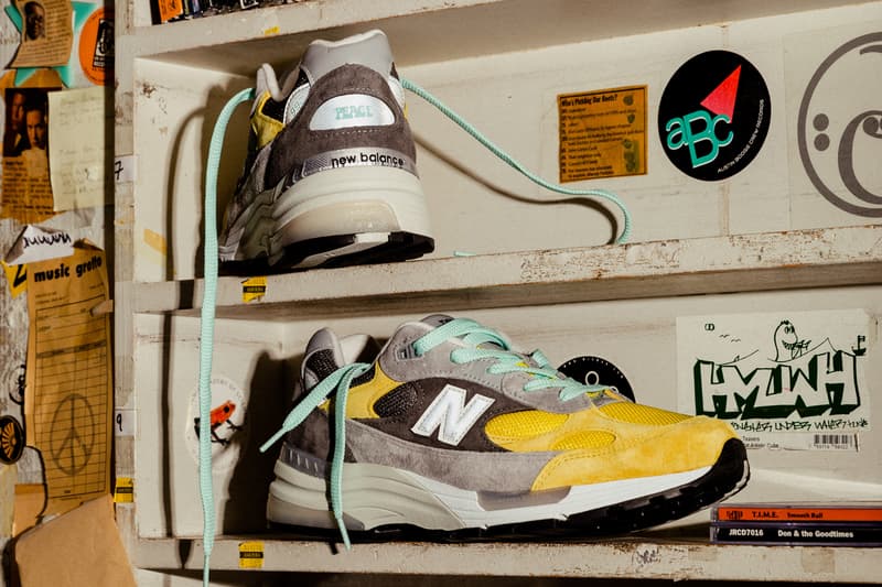 nice kicks amoeba music new balance 992 grey blue yellow black white red apparel t shirt hoodie shorts official release date info photos price store list buying guide