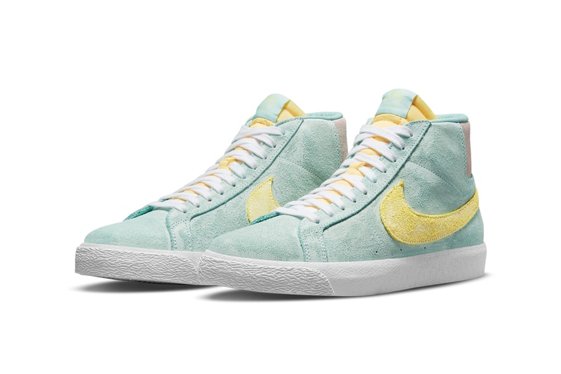nike sb skateboarding blazer mid distressed suede light dew green glow arctic punch citron black coconut milk DA1839 300 001 official release date info photos price store list buying guide