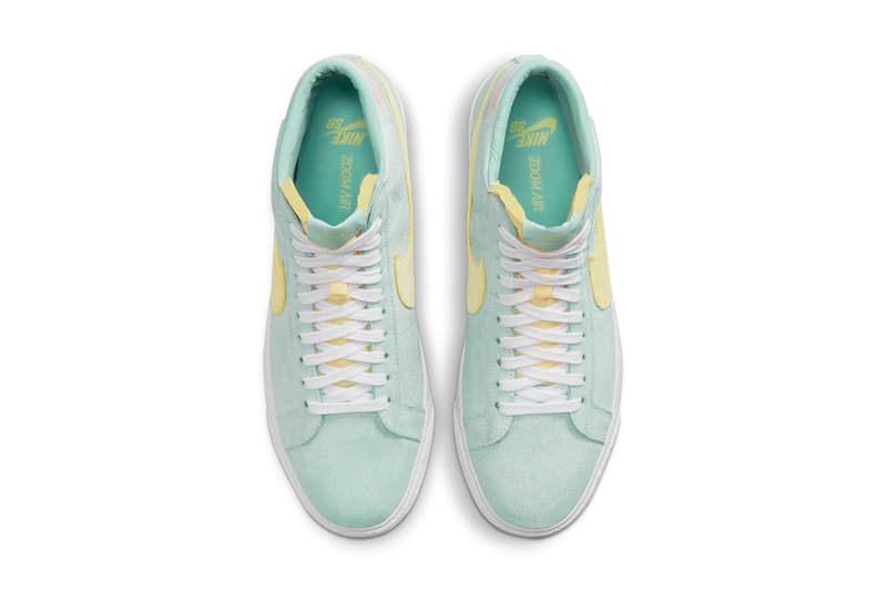 nike sb skateboarding blazer mid distressed suede light dew green glow arctic punch citron black coconut milk DA1839 300 001 official release date info photos price store list buying guide