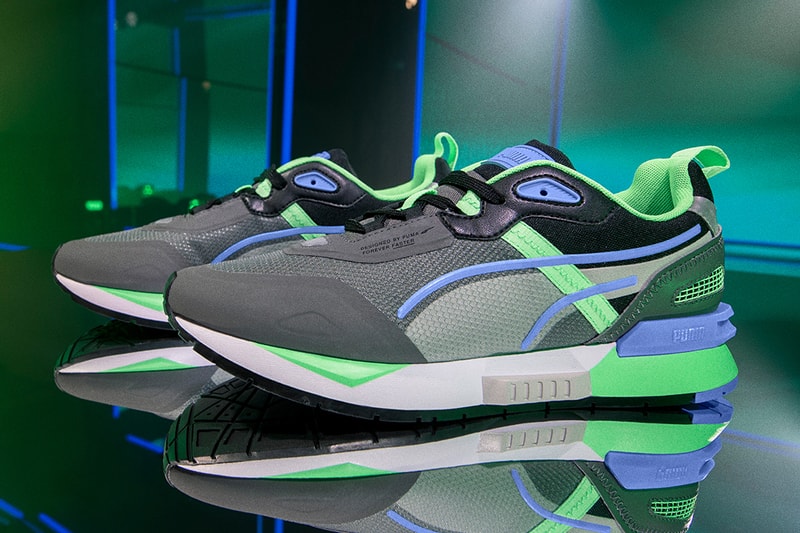 PUMA Mirage Tech Sneaker footwear edm electronic dance music dj snake purple green neon bright colors dubai release info trainers jogging retro track and field
