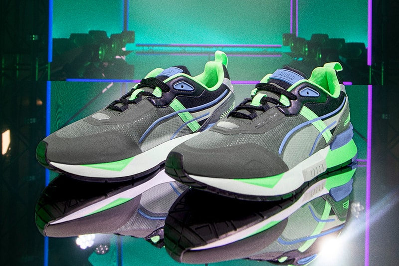 PUMA Mirage Tech Sneaker footwear edm electronic dance music dj snake purple green neon bright colors dubai release info trainers jogging retro track and field