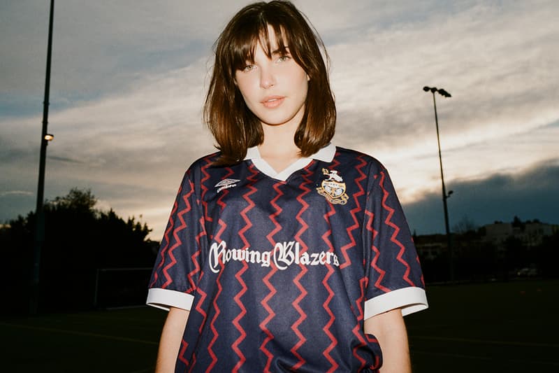 rowing blazers umbro football soccer jersey shirt croquet stripe blue navy red zig zag tartan print release information buy cop purchase