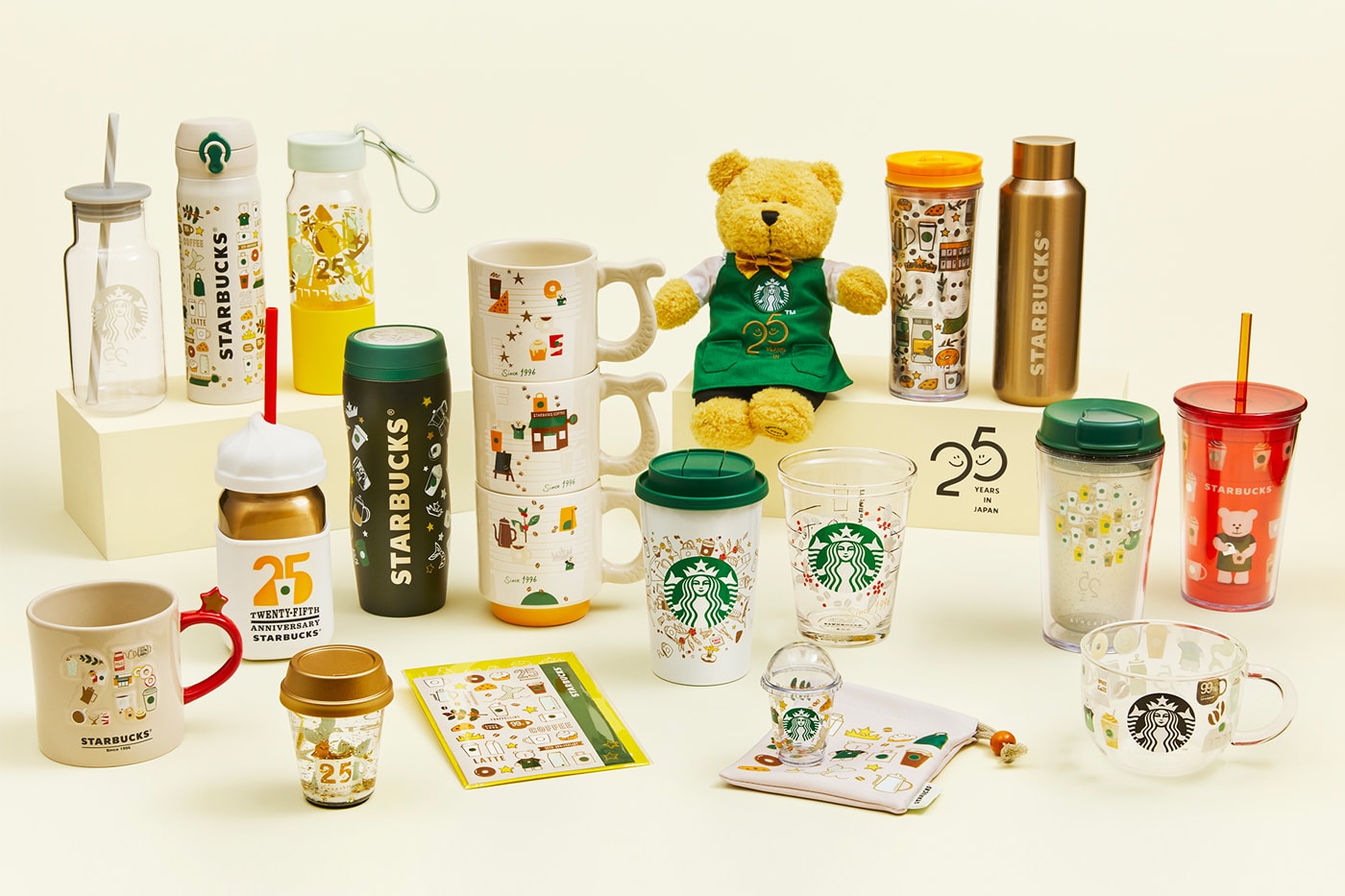 Starbucks Japan 25th Anniversary Merch Collection twenty five japan tumbler mug teddy bear apron logo 2525 smile release date info