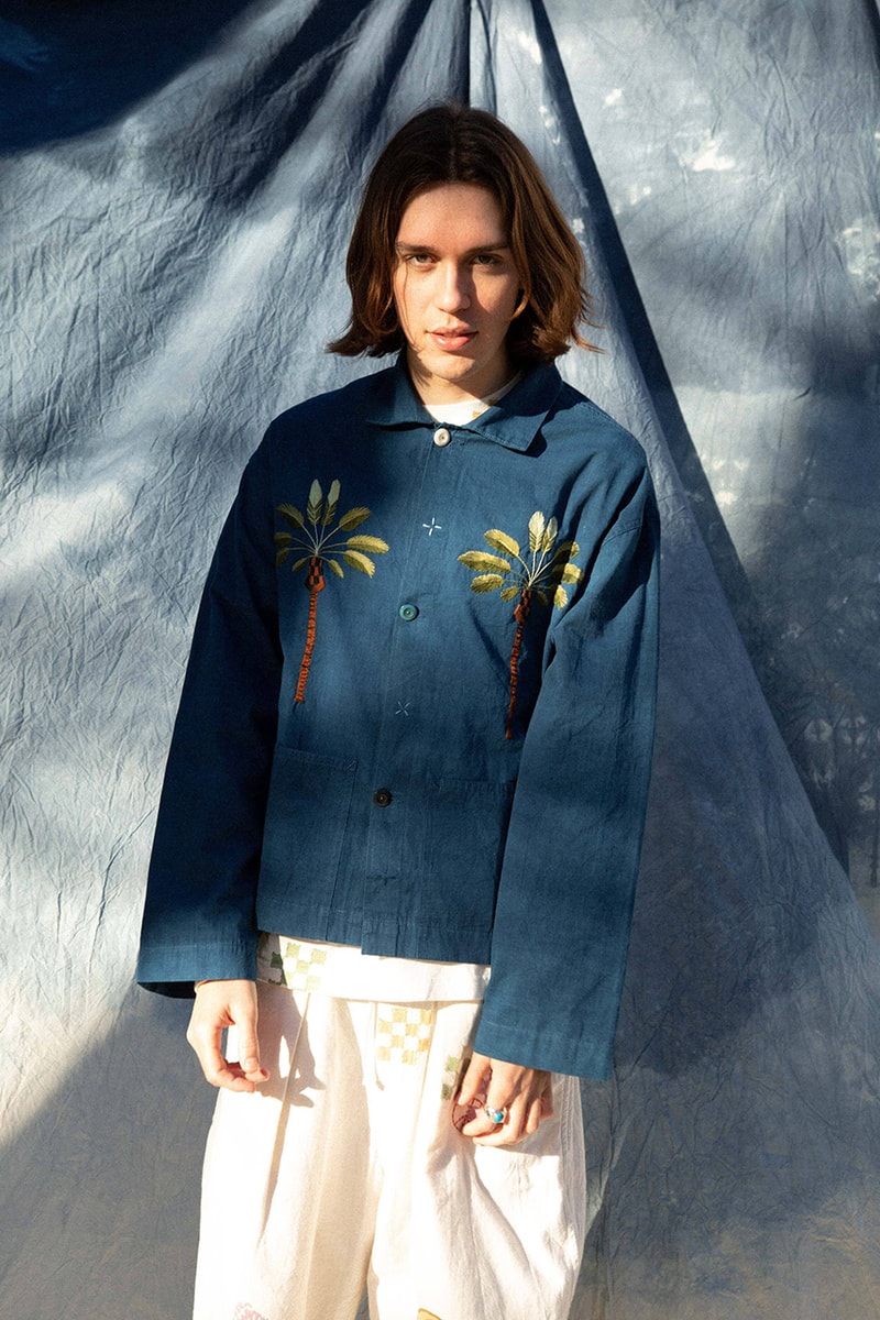 story mfg garbstore short on time jacket natural indigo dye sustainable details embroidery chore coat buy cop purchase