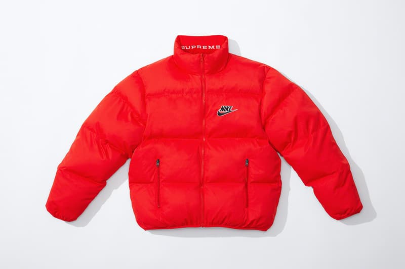 Supreme Nike Spring 2021 Collaboration Release Info Date Buy Price Reversible Puffy Jacket Track Shirt Hoodie Hooded Sweatshirt Pant Sweatpant beanies Neck Warmer Belt