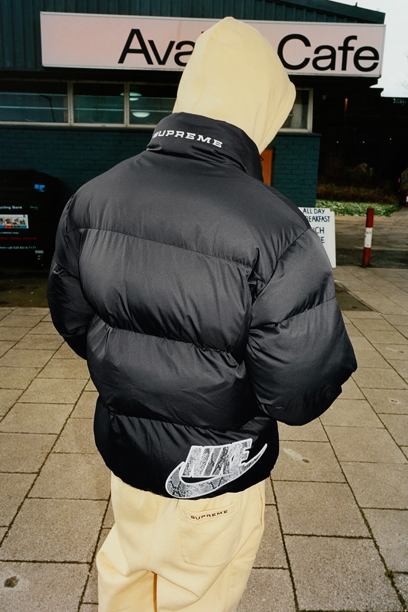 Supreme Nike Spring 2021 Collaboration Release Info Date Buy Price Reversible Puffy Jacket Track Shirt Hoodie Hooded Sweatshirt Pant Sweatpant beanies Neck Warmer Belt