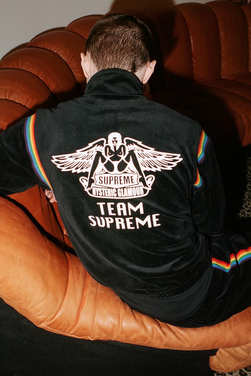 Supreme HYSTERIC GLAMOUR Spring 2021 Collaboration Release Info Date Buy Price Trench Trucker Jacket Track Sweater Flannel Shirt Rayon Painter Pant Shorts Zip Up Sweatshirt Crewneck L/S T-Shirt Crusher Lunchbox Set