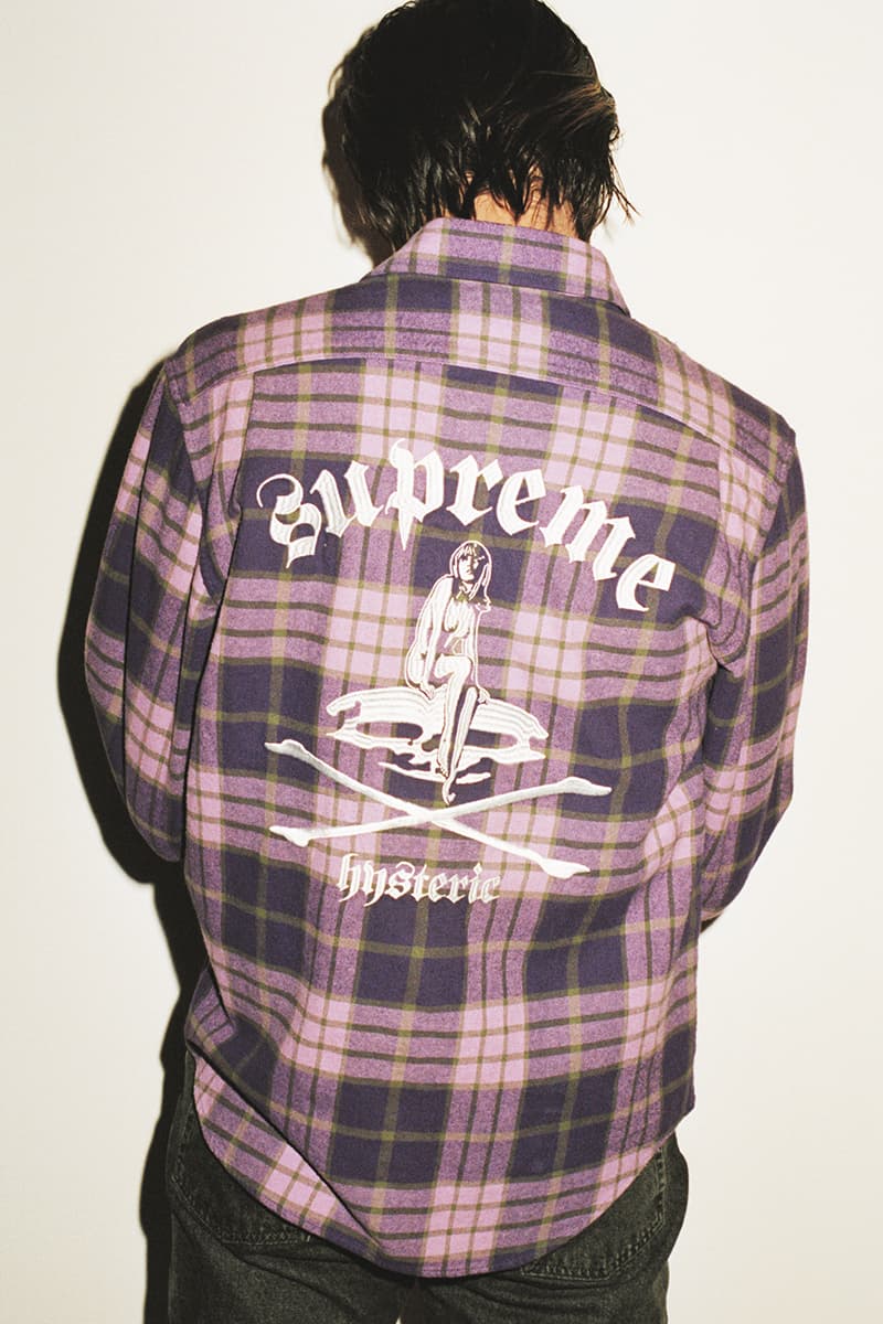 Supreme HYSTERIC GLAMOUR Spring 2021 Collaboration Release Info Date Buy Price Trench Trucker Jacket Track Sweater Flannel Shirt Rayon Painter Pant Shorts Zip Up Sweatshirt Crewneck L/S T-Shirt Crusher Lunchbox Set