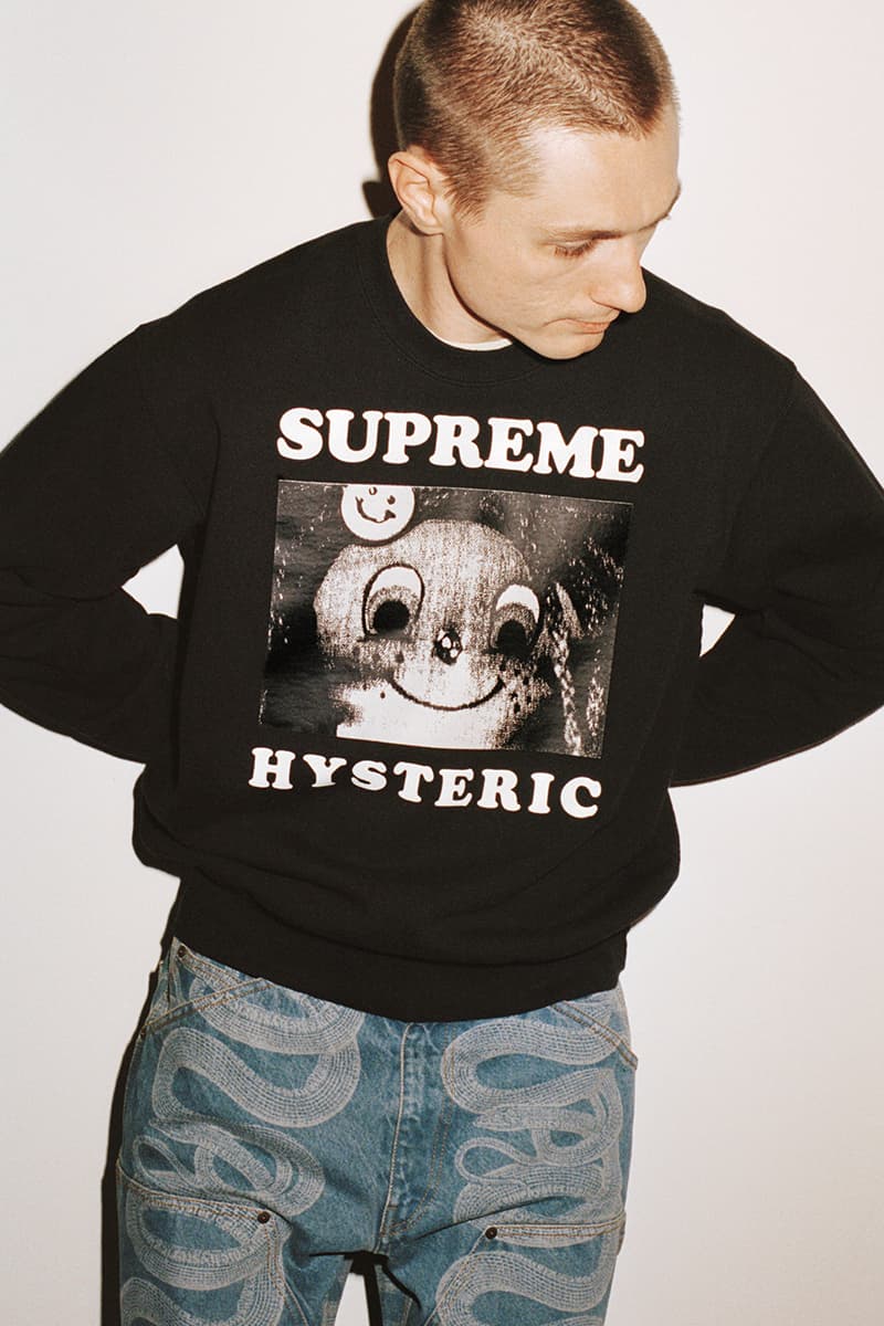 Supreme HYSTERIC GLAMOUR Spring 2021 Collaboration Release Info Date Buy Price Trench Trucker Jacket Track Sweater Flannel Shirt Rayon Painter Pant Shorts Zip Up Sweatshirt Crewneck L/S T-Shirt Crusher Lunchbox Set