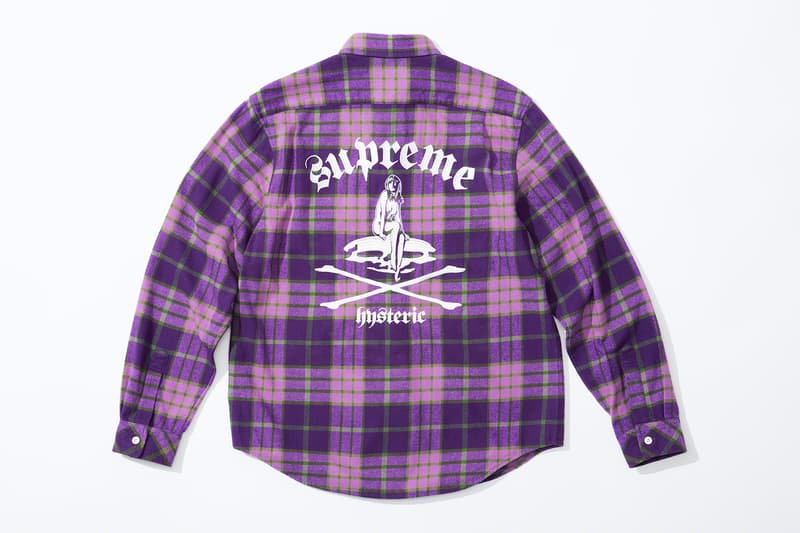 Supreme HYSTERIC GLAMOUR Spring 2021 Collaboration Release Info Date Buy Price Trench Trucker Jacket Track Sweater Flannel Shirt Rayon Painter Pant Shorts Zip Up Sweatshirt Crewneck L/S T-Shirt Crusher Lunchbox Set