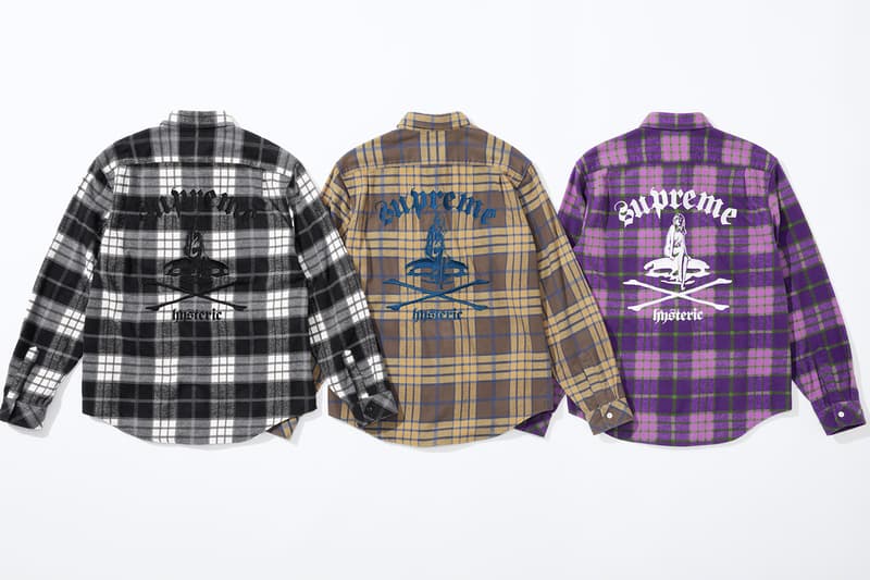 Supreme HYSTERIC GLAMOUR Spring 2021 Collaboration Release Info Date Buy Price Trench Trucker Jacket Track Sweater Flannel Shirt Rayon Painter Pant Shorts Zip Up Sweatshirt Crewneck L/S T-Shirt Crusher Lunchbox Set