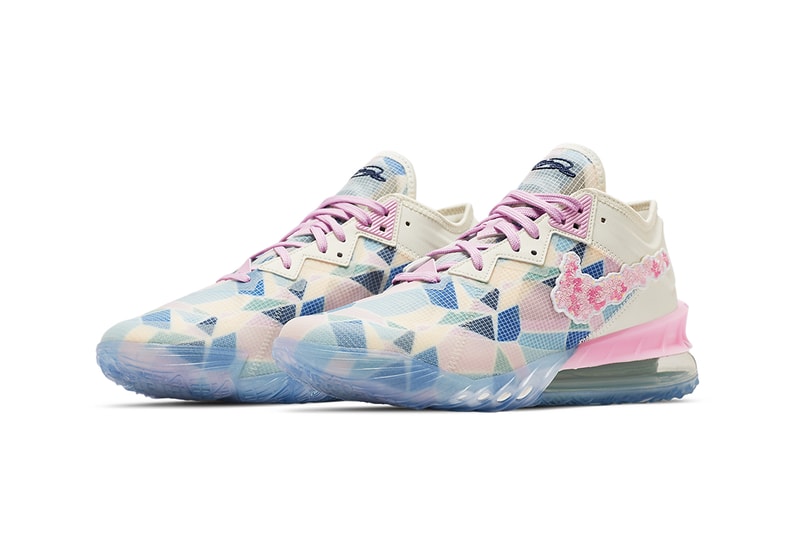 atmos nike lebron 18 low sakura ivory light arctic pink CV7564 101 release date info store list buying guide photos price lebron james cherry blossoms floral 