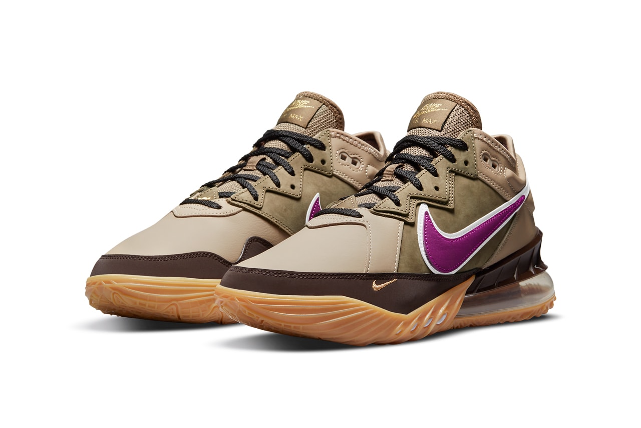 atmos nike basketball lebron james 18 low viotech brown tan purple gum CW5635 200 official release date info photos price store list buying guide