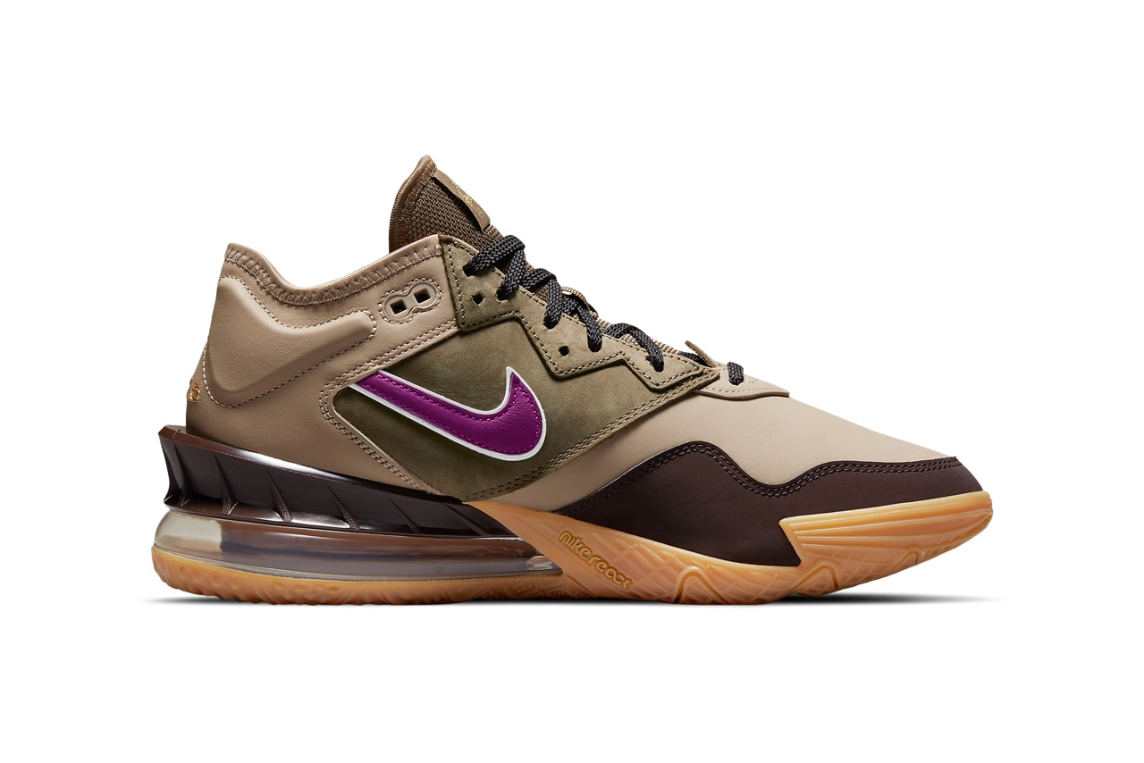 atmos nike basketball lebron james 18 low viotech brown tan purple gum CW5635 200 official release date info photos price store list buying guide