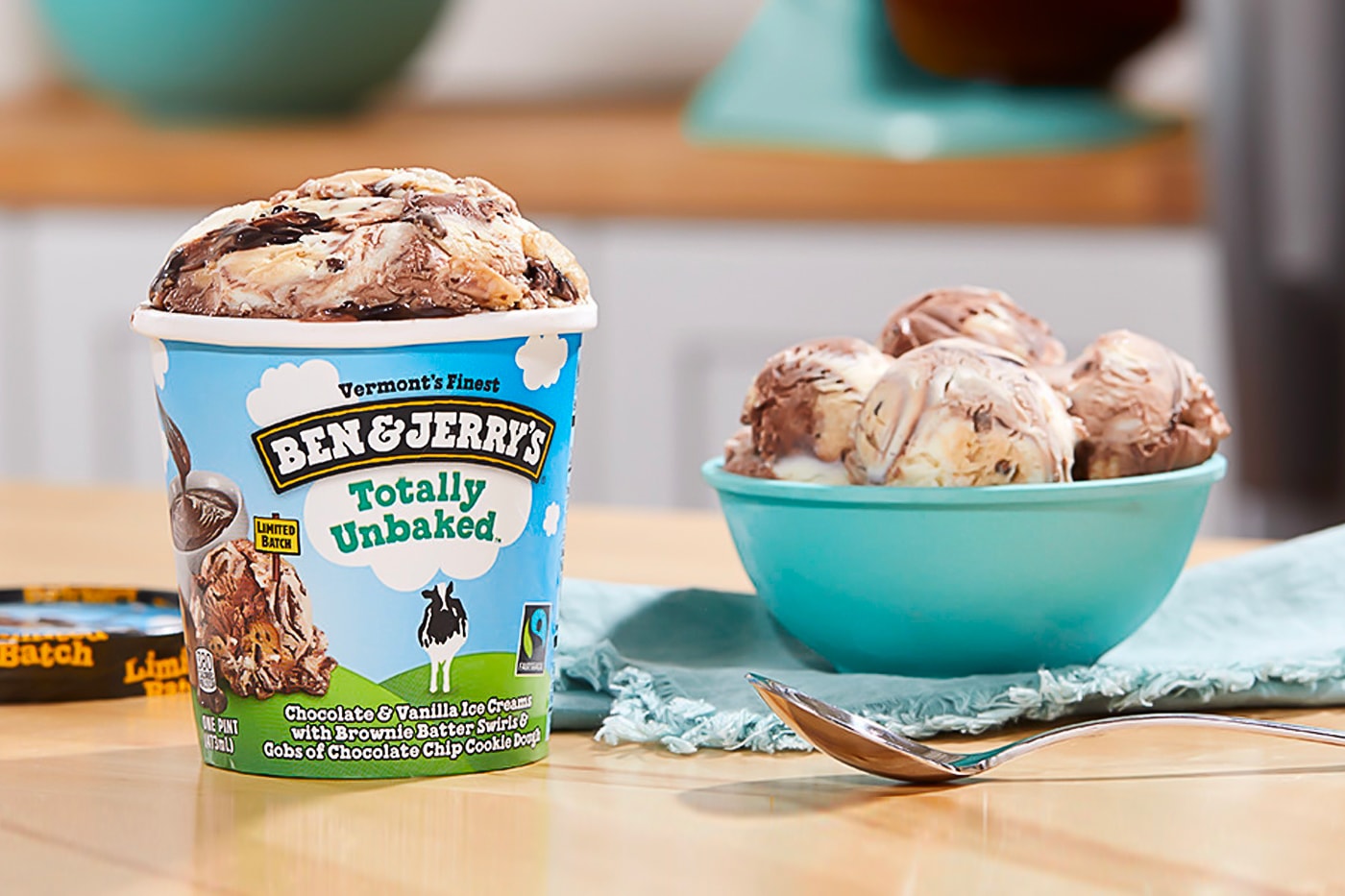 Ben and Jerrys Limited Edition Totally Unbaked ice cream flavor vermont chocolate vanilla brownie batter swirl gobs of chocolate chip cookie dough info