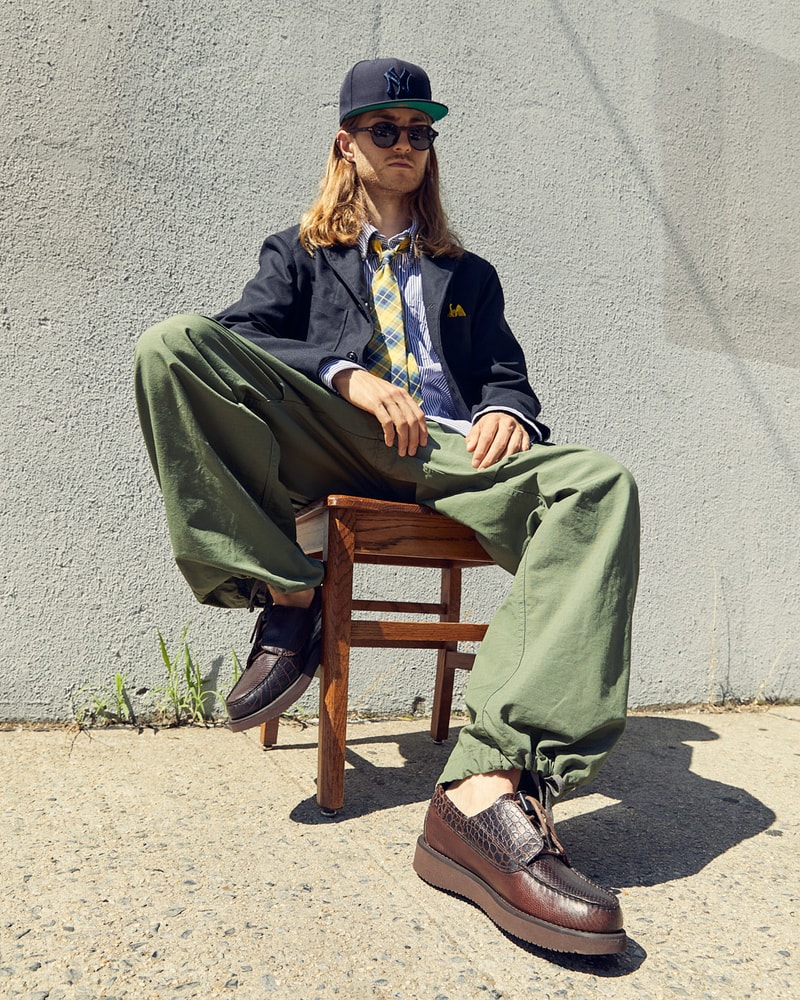 Engineered Garments x Sebago Foootwear collaboration shoe leather suede deck slip collection editorial new york london web store price colorway NEPENTHES zipperdeck coverdeck overlap exotic vibram sole