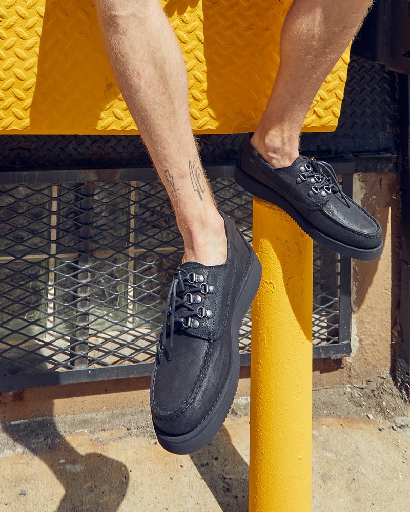 Engineered Garments x Sebago Foootwear collaboration shoe leather suede deck slip collection editorial new york london web store price colorway NEPENTHES zipperdeck coverdeck overlap exotic vibram sole