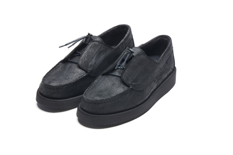 Engineered Garments x Sebago Foootwear collaboration shoe leather suede deck slip collection editorial new york london web store price colorway NEPENTHES zipperdeck coverdeck overlap exotic vibram sole