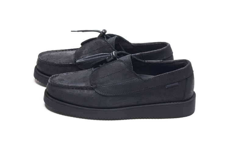 Engineered Garments x Sebago Foootwear collaboration shoe leather suede deck slip collection editorial new york london web store price colorway NEPENTHES zipperdeck coverdeck overlap exotic vibram sole