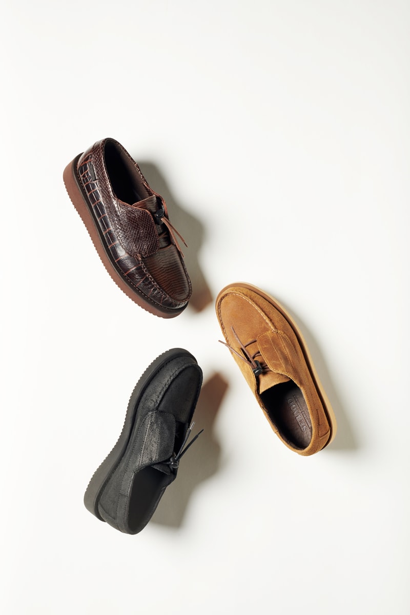 Engineered Garments x Sebago Foootwear collaboration shoe leather suede deck slip collection editorial new york london web store price colorway NEPENTHES zipperdeck coverdeck overlap exotic vibram sole
