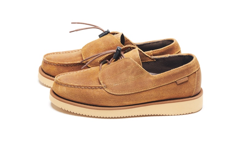 Engineered Garments x Sebago Foootwear collaboration shoe leather suede deck slip collection editorial new york london web store price colorway NEPENTHES zipperdeck coverdeck overlap exotic vibram sole