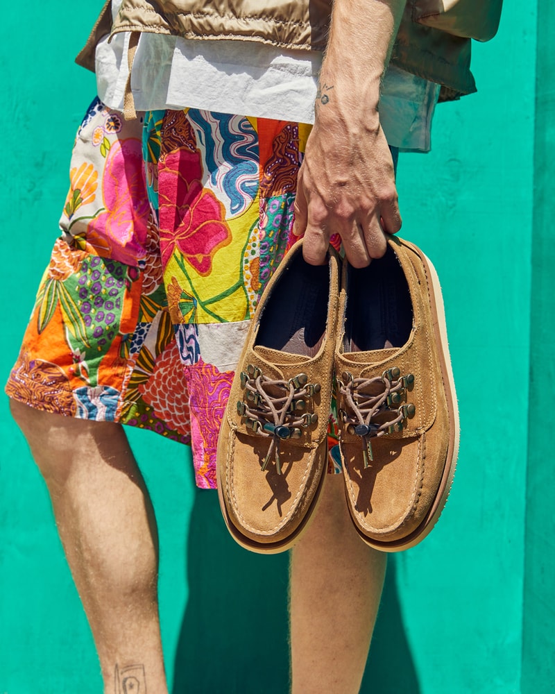 Engineered Garments x Sebago Foootwear collaboration shoe leather suede deck slip collection editorial new york london web store price colorway NEPENTHES zipperdeck coverdeck overlap exotic vibram sole