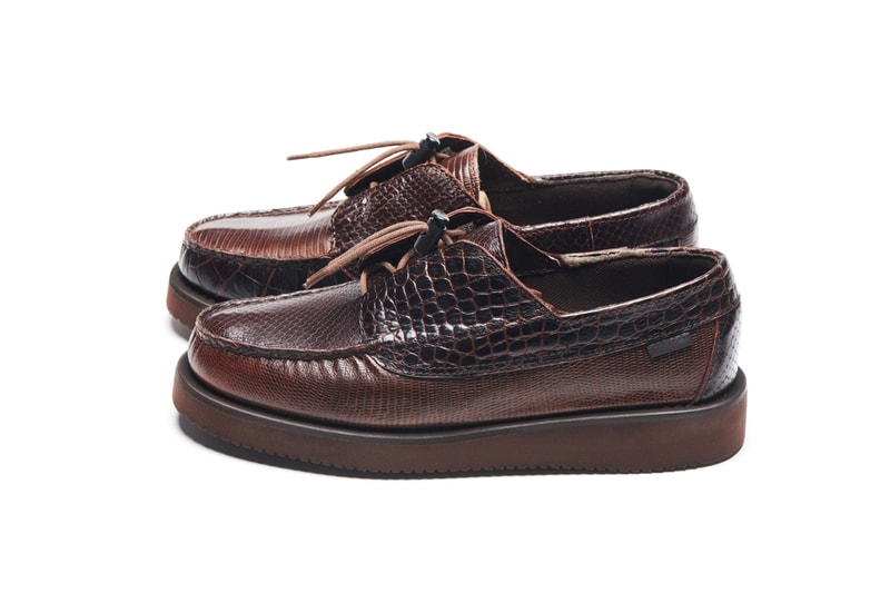 Engineered Garments x Sebago Foootwear collaboration shoe leather suede deck slip collection editorial new york london web store price colorway NEPENTHES zipperdeck coverdeck overlap exotic vibram sole