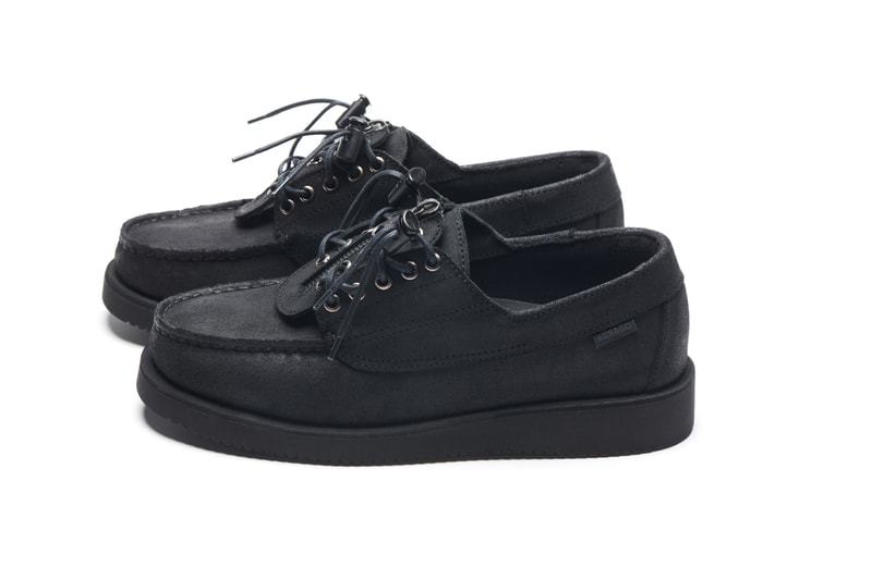Engineered Garments x Sebago Foootwear collaboration shoe leather suede deck slip collection editorial new york london web store price colorway NEPENTHES zipperdeck coverdeck overlap exotic vibram sole