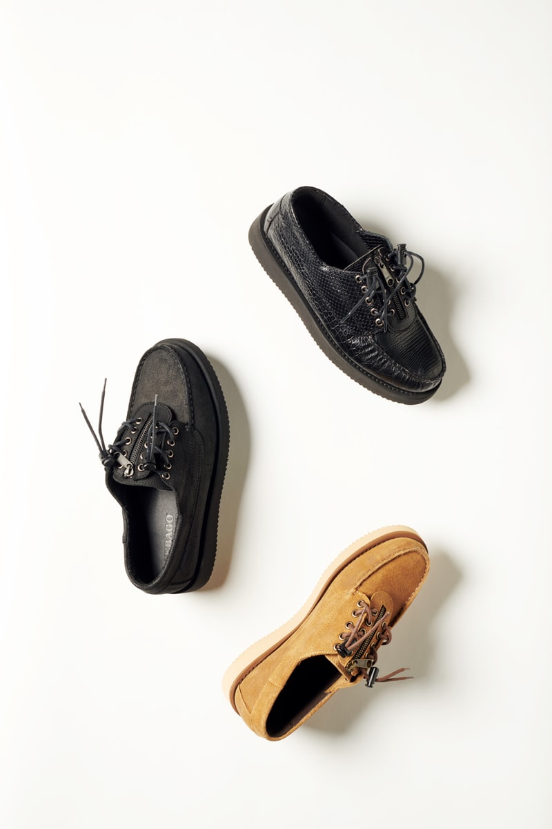 Engineered Garments x Sebago Foootwear collaboration shoe leather suede deck slip collection editorial new york london web store price colorway NEPENTHES zipperdeck coverdeck overlap exotic vibram sole
