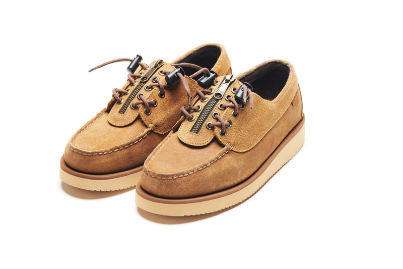 Engineered Garments x Sebago Foootwear collaboration shoe leather suede deck slip collection editorial new york london web store price colorway NEPENTHES zipperdeck coverdeck overlap exotic vibram sole