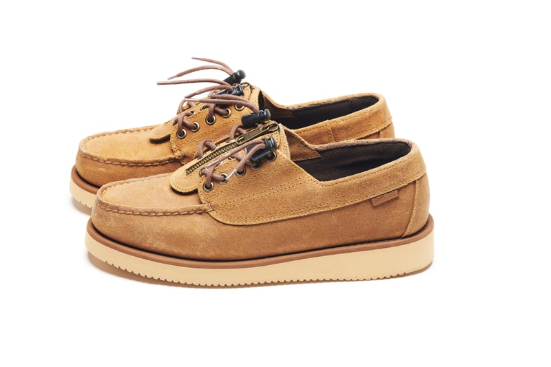 Engineered Garments x Sebago Foootwear collaboration shoe leather suede deck slip collection editorial new york london web store price colorway NEPENTHES zipperdeck coverdeck overlap exotic vibram sole