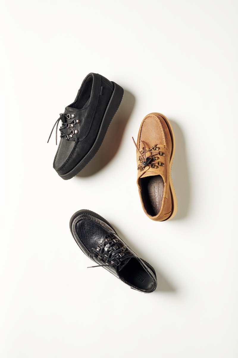 Engineered Garments x Sebago Foootwear collaboration shoe leather suede deck slip collection editorial new york london web store price colorway NEPENTHES zipperdeck coverdeck overlap exotic vibram sole