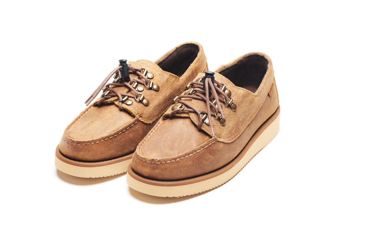 Engineered Garments x Sebago Foootwear collaboration shoe leather suede deck slip collection editorial new york london web store price colorway NEPENTHES zipperdeck coverdeck overlap exotic vibram sole