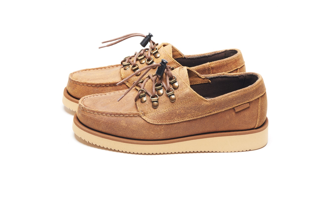 Engineered Garments x Sebago Foootwear collaboration shoe leather suede deck slip collection editorial new york london web store price colorway NEPENTHES zipperdeck coverdeck overlap exotic vibram sole