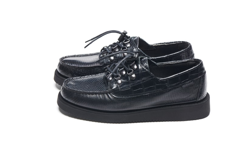 Engineered Garments x Sebago Foootwear collaboration shoe leather suede deck slip collection editorial new york london web store price colorway NEPENTHES zipperdeck coverdeck overlap exotic vibram sole