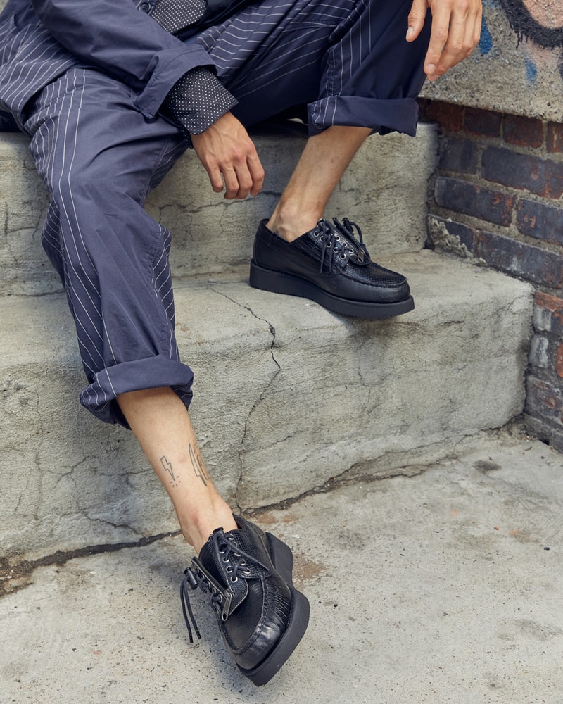 Engineered Garments x Sebago Foootwear collaboration shoe leather suede deck slip collection editorial new york london web store price colorway NEPENTHES zipperdeck coverdeck overlap exotic vibram sole