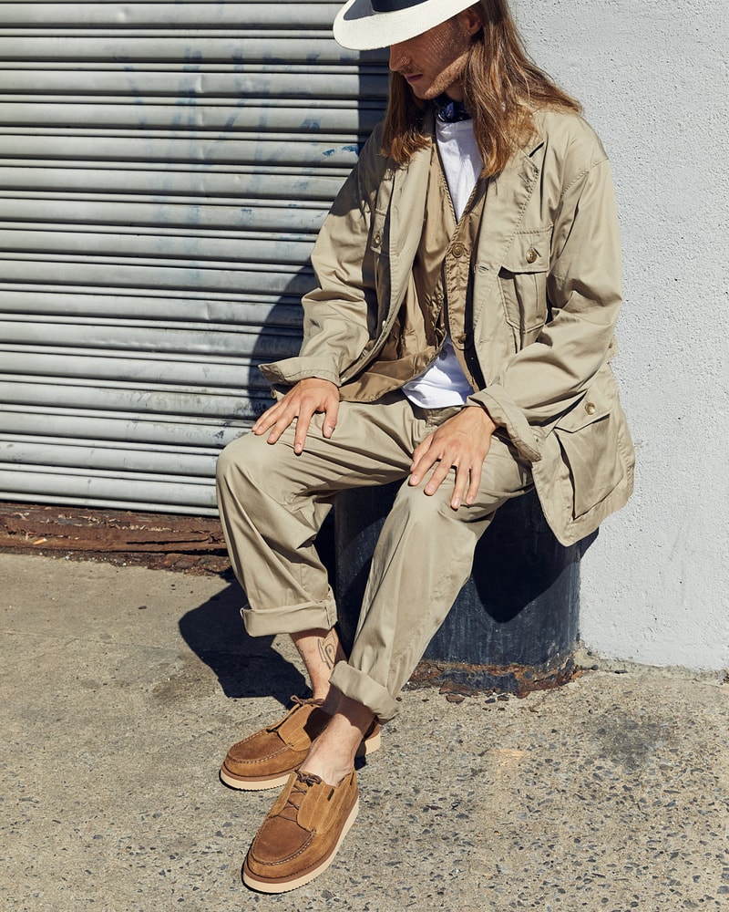 Engineered Garments x Sebago Foootwear collaboration shoe leather suede deck slip collection editorial new york london web store price colorway NEPENTHES zipperdeck coverdeck overlap exotic vibram sole