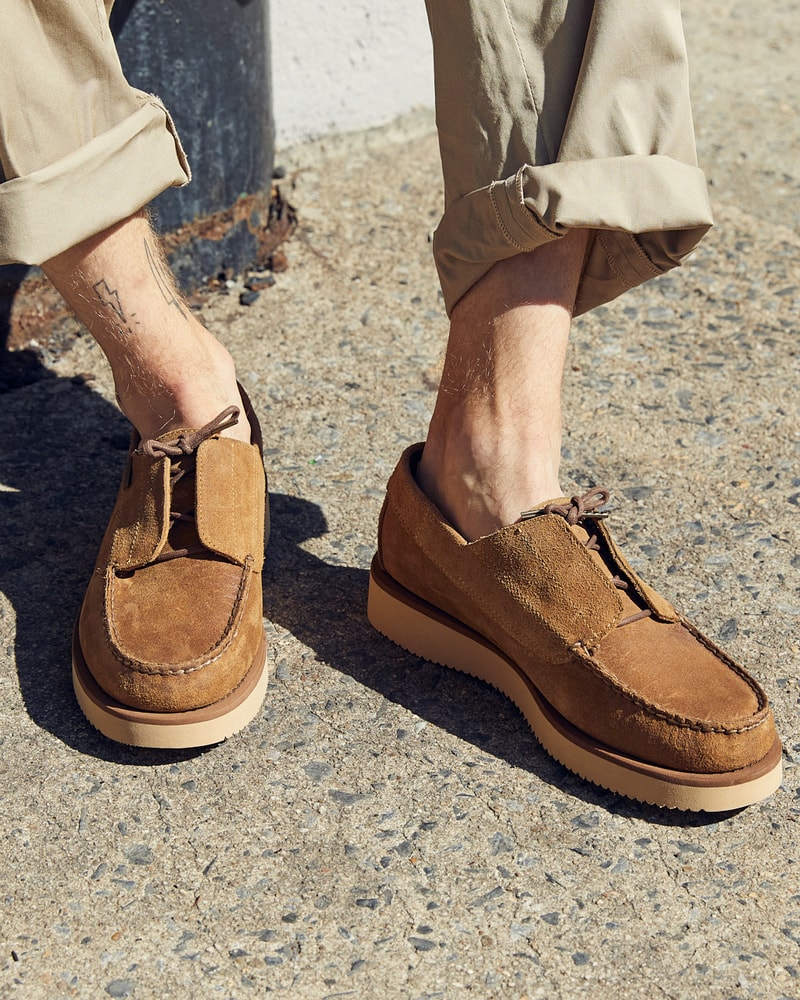 Engineered Garments x Sebago Foootwear collaboration shoe leather suede deck slip collection editorial new york london web store price colorway NEPENTHES zipperdeck coverdeck overlap exotic vibram sole