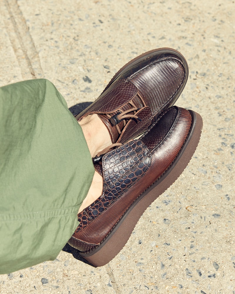 Engineered Garments x Sebago Foootwear collaboration shoe leather suede deck slip collection editorial new york london web store price colorway NEPENTHES zipperdeck coverdeck overlap exotic vibram sole