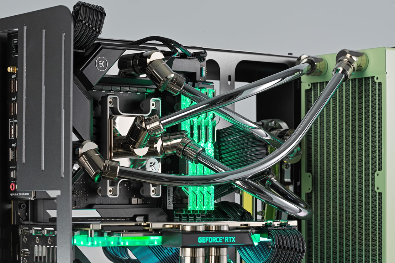 custom diy pc computer gaming editing actor henry golding asus rog technology one of a kind tubing pistachio green brushed metal case chrome tubing
