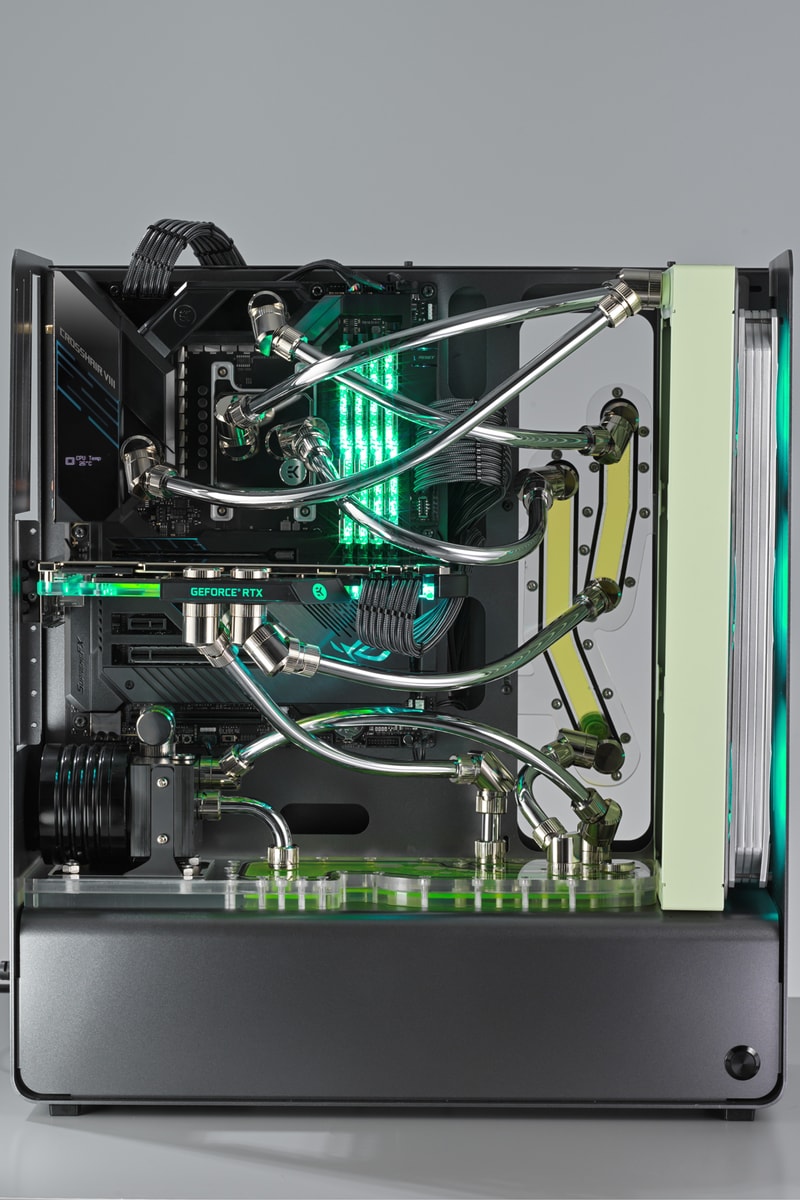 custom diy pc computer gaming editing actor henry golding asus rog technology one of a kind tubing pistachio green brushed metal case chrome tubing
