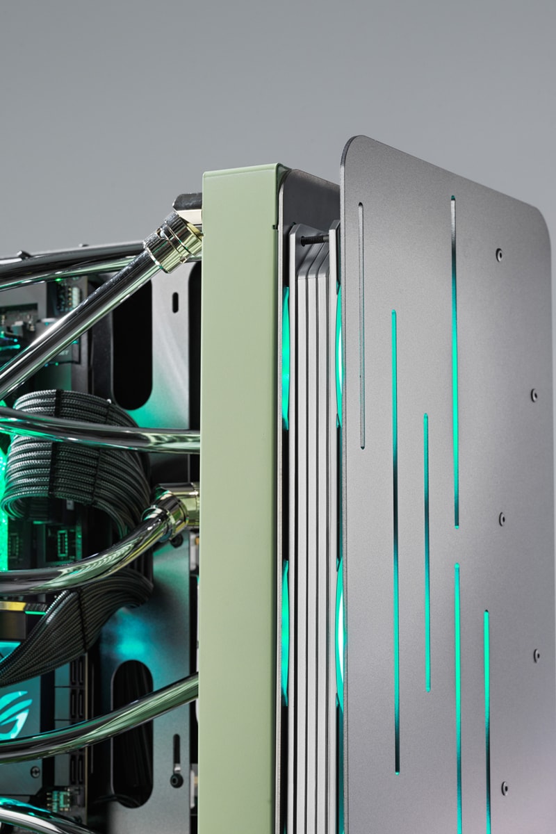 custom diy pc computer gaming editing actor henry golding asus rog technology one of a kind tubing pistachio green brushed metal case chrome tubing