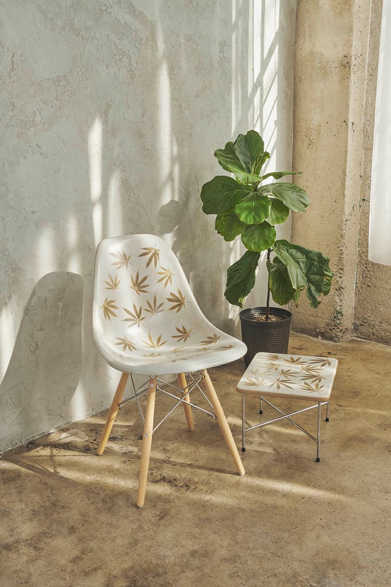 HUF x Modernica "Plantlife" Shell Chair, Table pattern weed socks marijuana cannabis plant leaf dowell base natural colorway release date info buy print