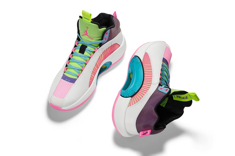 jayson taytum air jordan 35 jet ski pe photos white pink purple green 