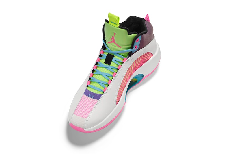 jayson taytum air jordan 35 jet ski pe photos white pink purple green 