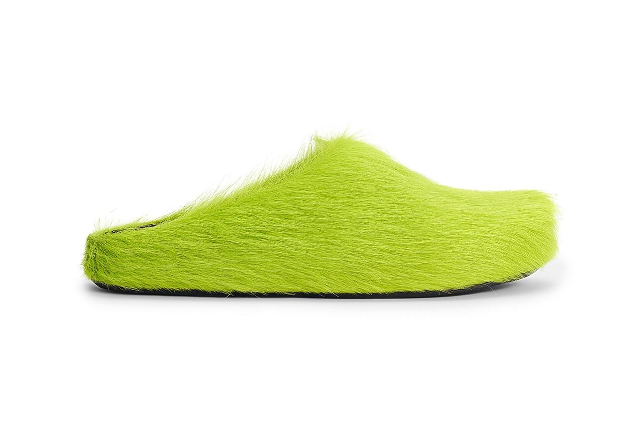 Marni Leather Sabot Shoes Mules "Light Lime" Green Monster Furry Loafer Backless Spring Summer 2021 Francesco Risso Viral Footwear Cozy Indoor Lockdown Trends